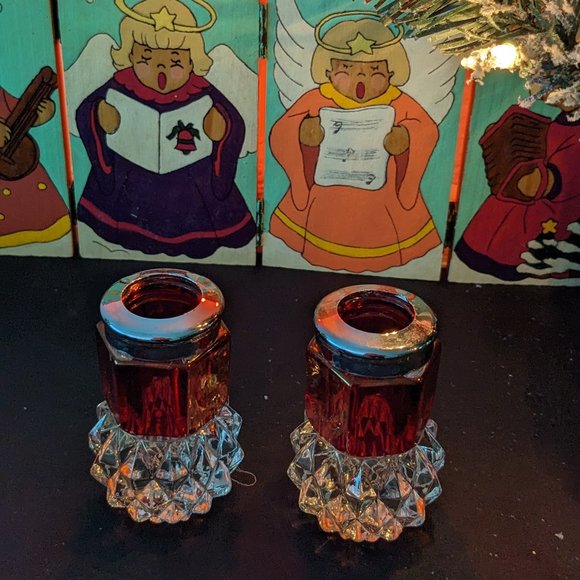 Beautiful Pair Indiana Glass Ruby Red And Crystal Diamond Point Candle Holders - Picture 11 of 11